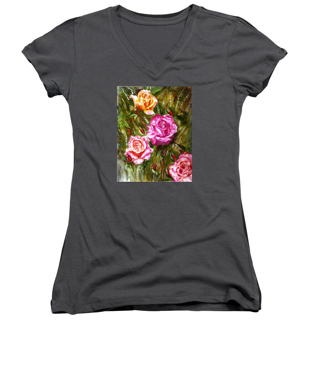 Landscape Women's V-Neck featuring the painting Roses by Harsh Malik