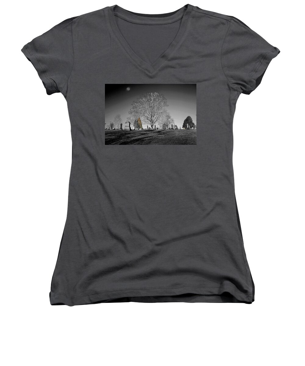 Moon Women's V-Neck featuring the photograph Roseville Cemetary by David Yocum