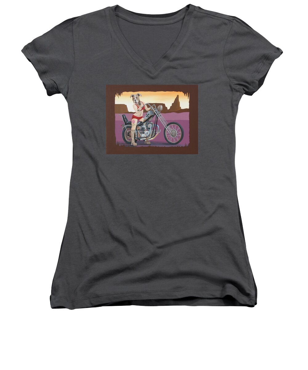 Motorcycle Women's V-Neck featuring the painting Rosie's Chopper by Stuart Swartz