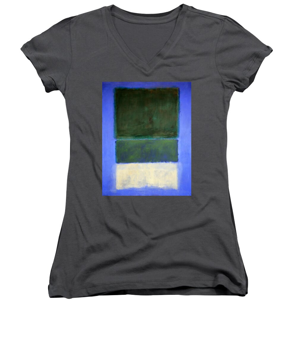 No. 14 Women's V-Neck featuring the photograph Rothko's No. 14 -- White And Greens In Blue by Cora Wandel