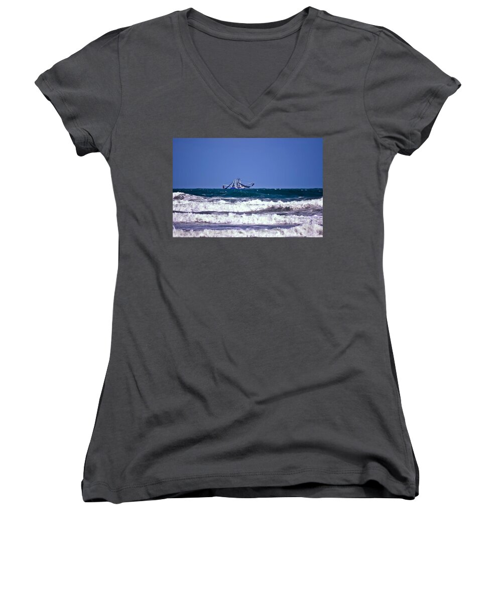 Boat Women's V-Neck featuring the photograph Rough Seas Shrimping by DigiArt Diaries by Vicky B Fuller