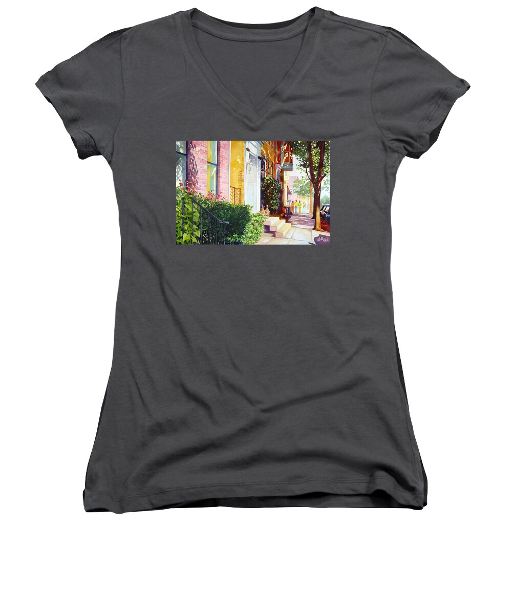 Landscape Women's V-Neck featuring the painting Rowhouses by Mick Williams