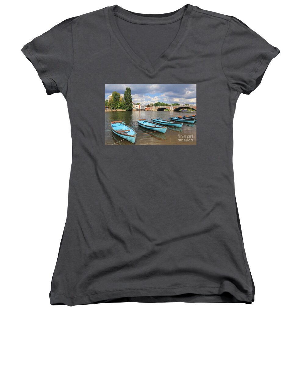 Boats At Hampton Court River Thames London Women's V-Neck featuring the photograph Rowing Boats at Hampton Court by Julia Gavin
