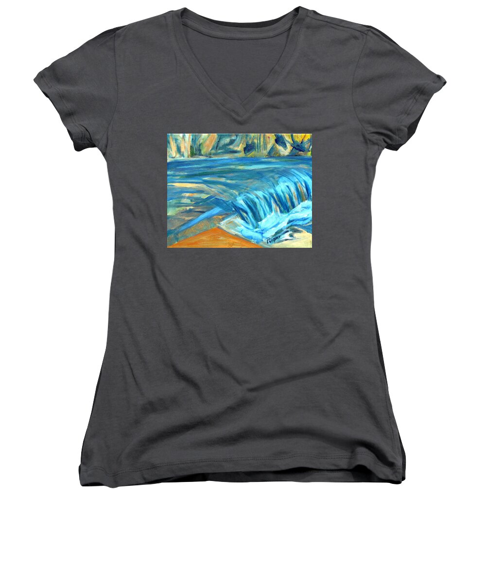 Canajoharie Painting Women's V-Neck featuring the painting Run River Run Over Rocks in the Sun by Betty Pieper