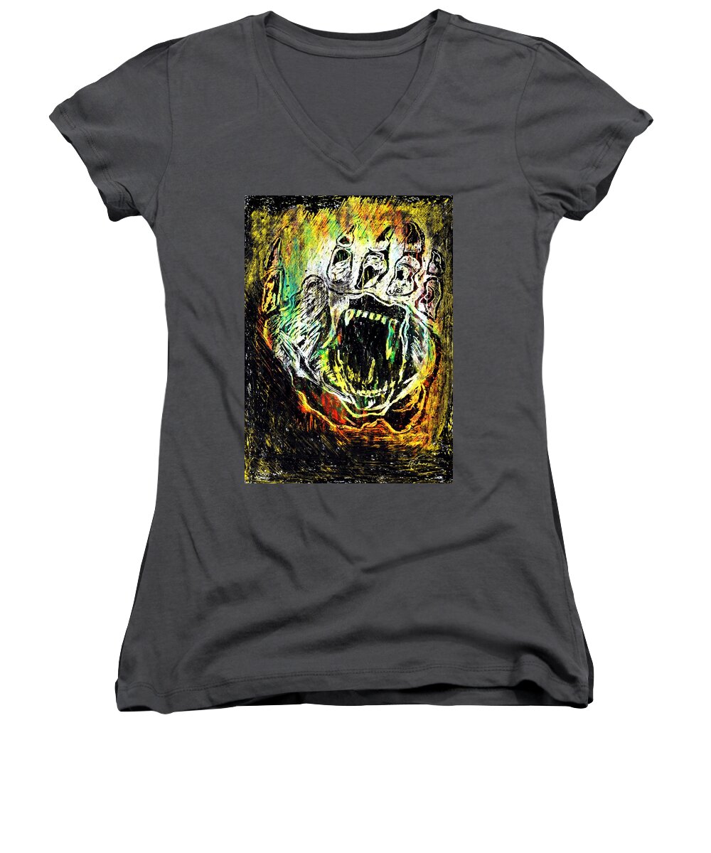 Sacred Paw Impression Women's V-Neck featuring the painting Sacred Paw Impression by Ayasha Loya