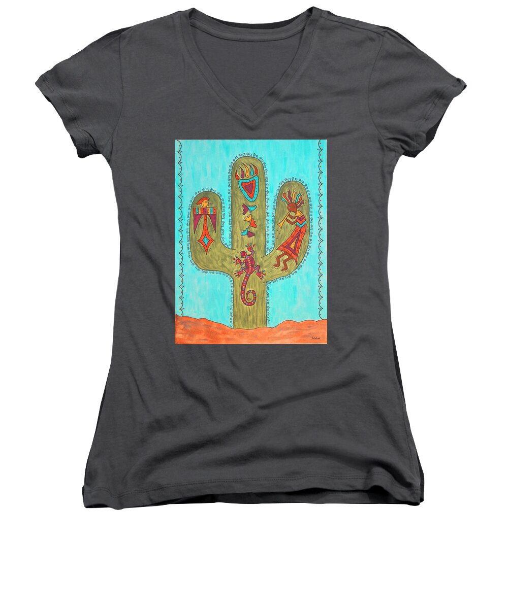 Saguaro Women's V-Neck featuring the painting Saguaro Soiree by Susie WEBER