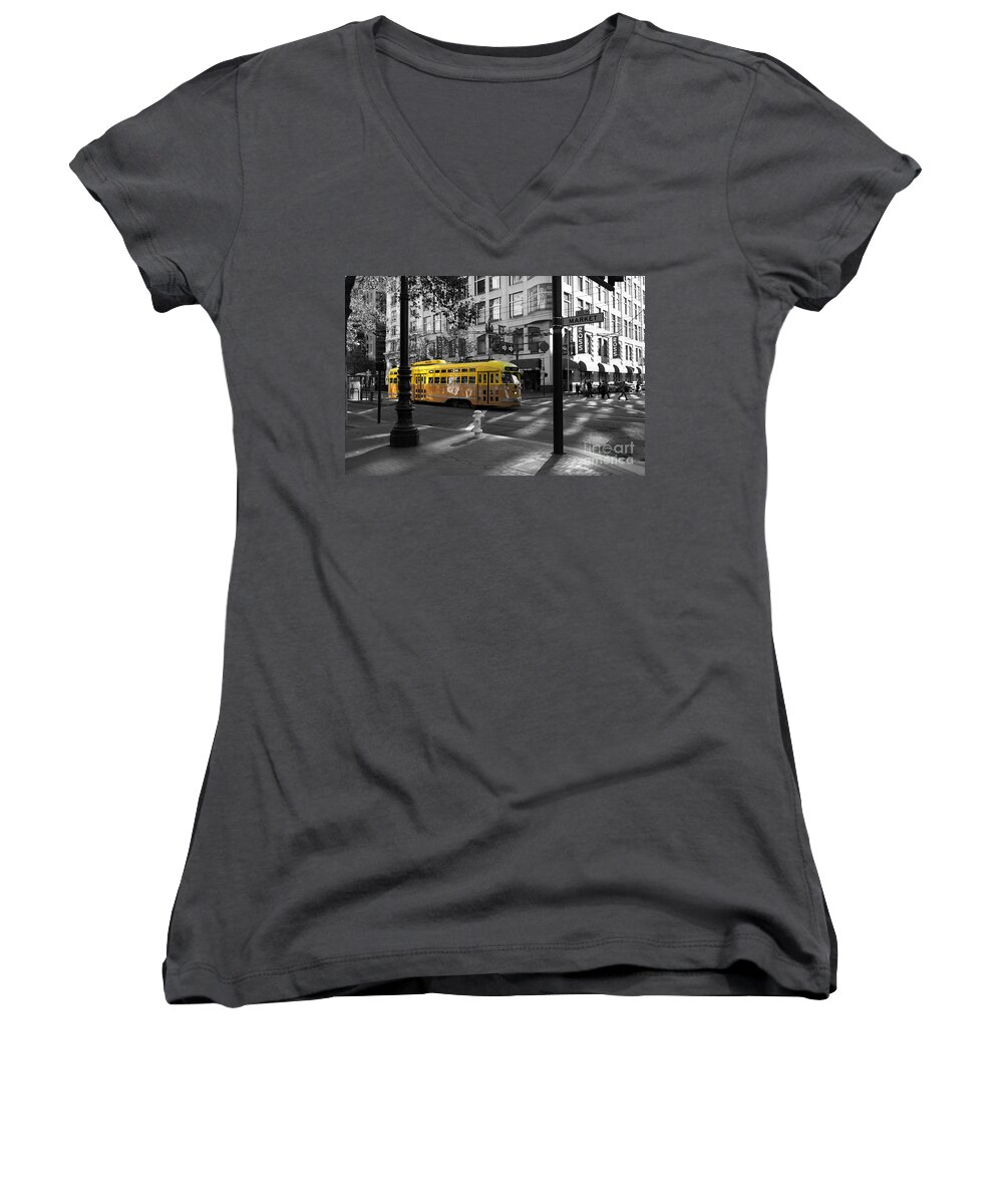 San Francisco Women's V-Neck featuring the photograph San Francisco Vintage Streetcar on Market Street - 5D19798 - Black and White and Yellow by Wingsdomain Art and Photography