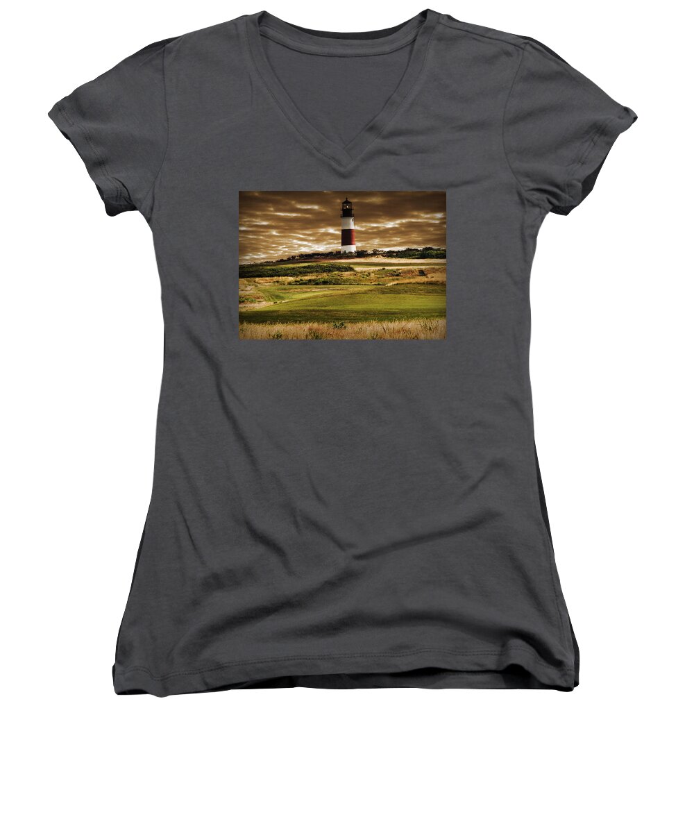 Great Landscape Women's V-Neck featuring the photograph Sankaty Head Lighthouse in Nantucket by Mitchell R Grosky