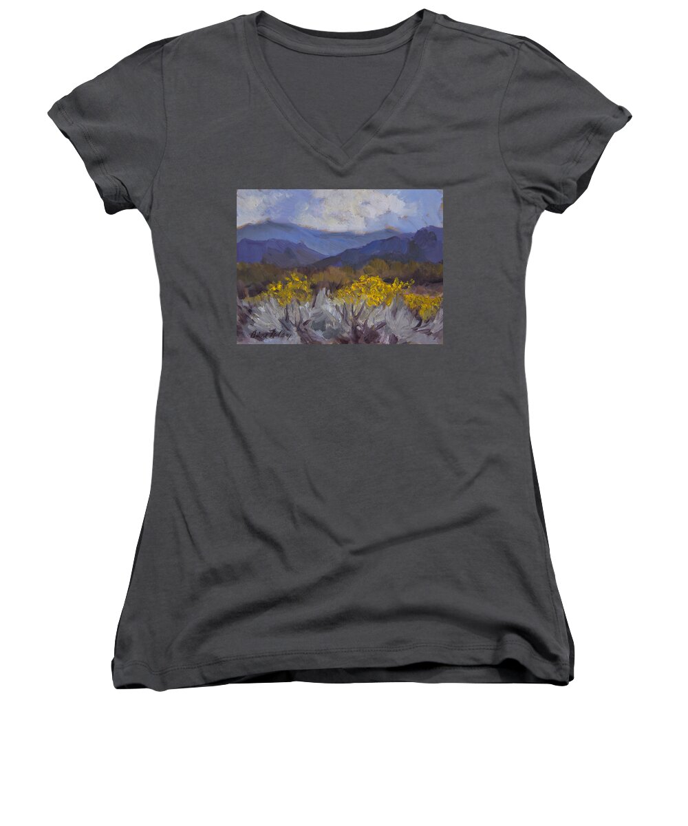 Desert Women's V-Neck featuring the painting Santa Rosa Mountains and Desert Marigolds by Diane McClary