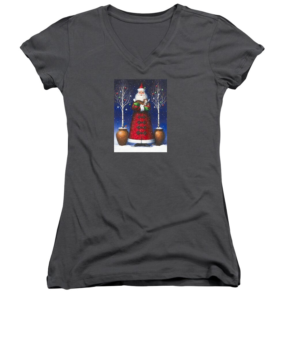 Santa Claus Women's V-Neck featuring the painting Santa's Cat by Lynn Bywaters