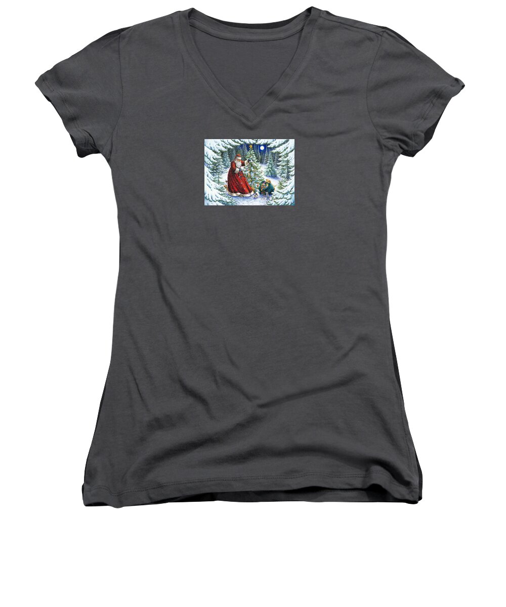 Santa Claus Women's V-Neck featuring the painting Santa's Little Helpers by Lynn Bywaters