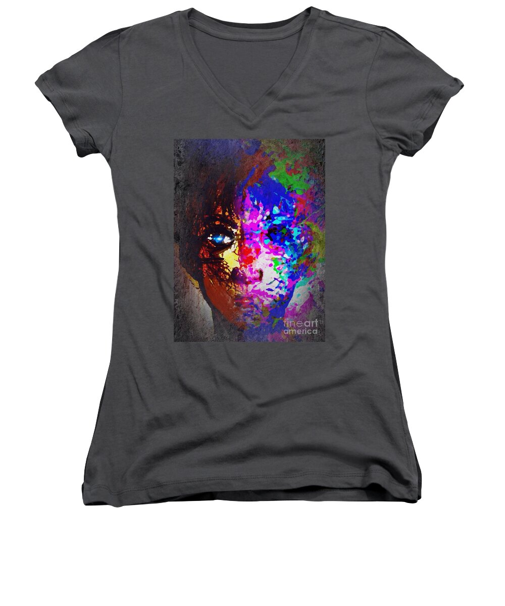 Portrait Women's V-Neck featuring the painting Sapphire Soul by Michelle Stradford