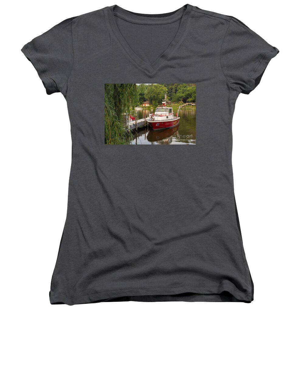 Fire Boat Women's V-Neck featuring the photograph Saugatuck Fire Boat by Amy Lucid