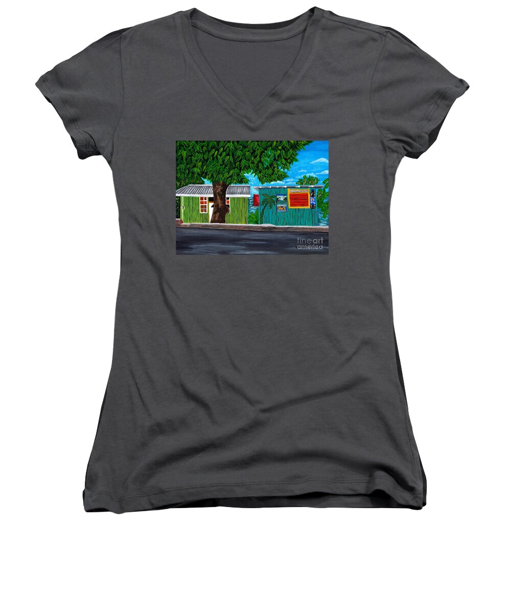 Caribbean Houses Women's V-Neck featuring the painting Sea-view Cafe by Laura Forde