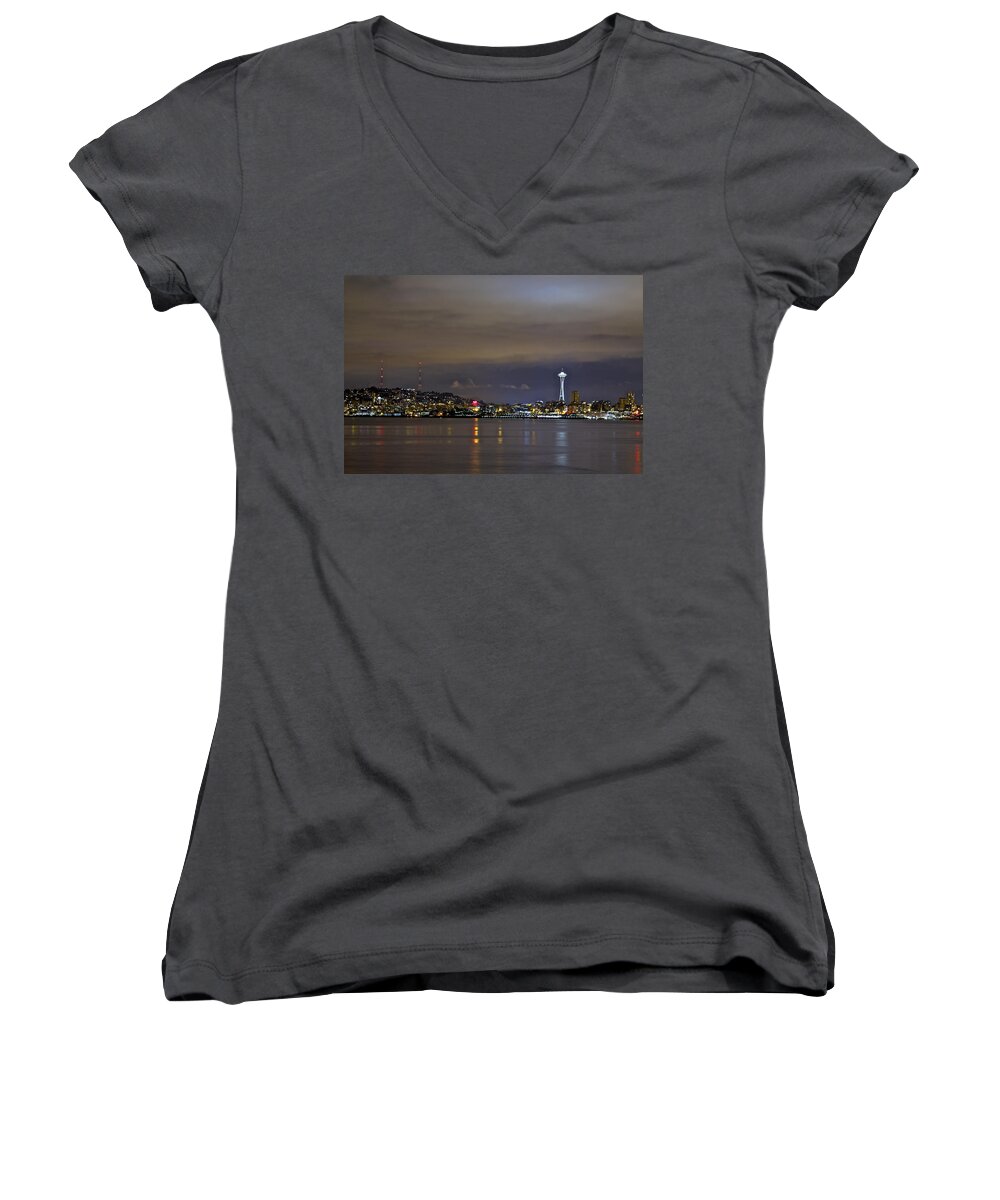 Night Photo Women's V-Neck featuring the photograph Seattle cityscape at night by SC Heffner