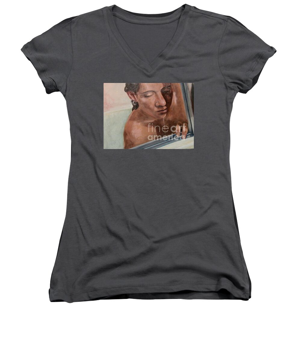 Oil Painting Women's V-Neck featuring the painting Self portrait in NJ Bath by M Bellavia