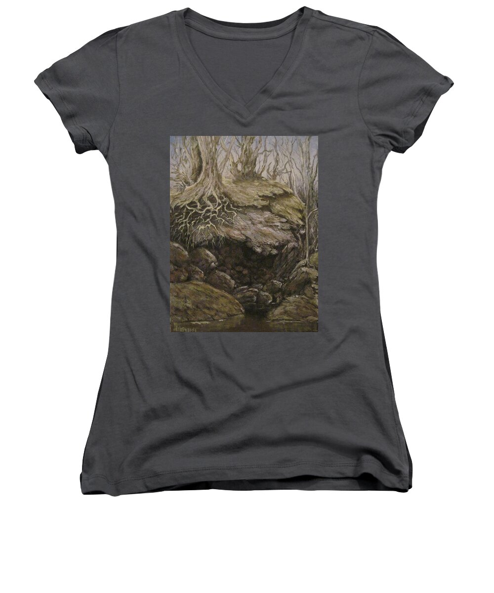 Fantasy Women's V-Neck featuring the painting Shades of Froud by Megan Walsh