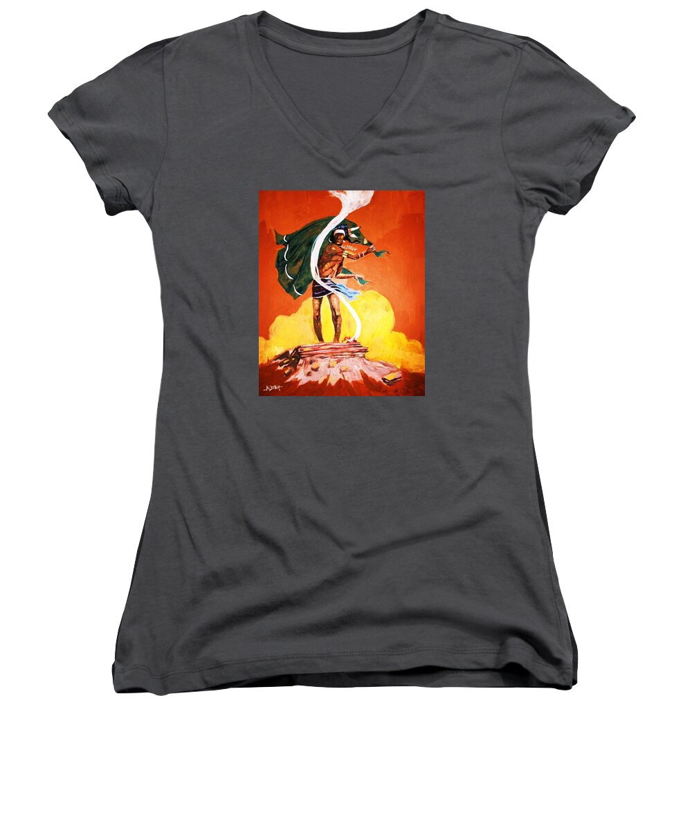 Plains Indian Women's V-Neck featuring the painting Signal from the Mesa by Al Brown
