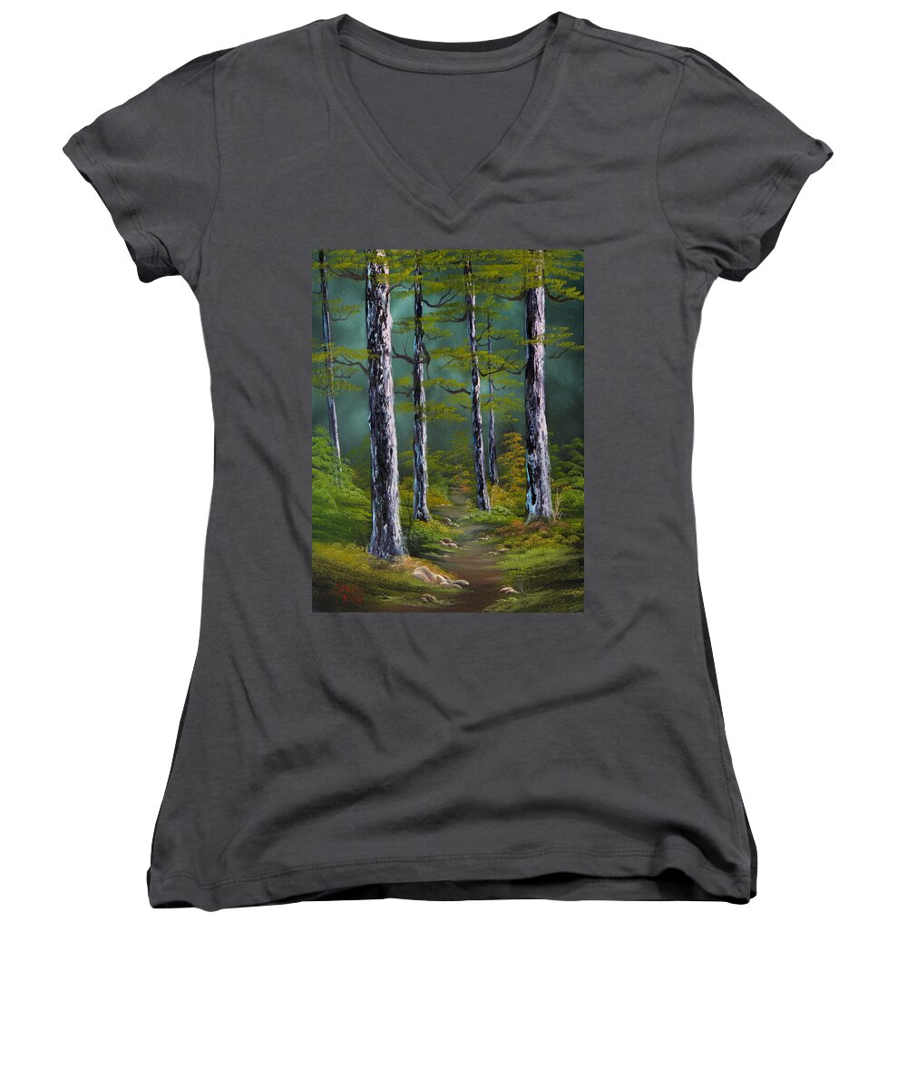 Landscape Women's V-Neck featuring the painting Quiet Pines by Chris Steele