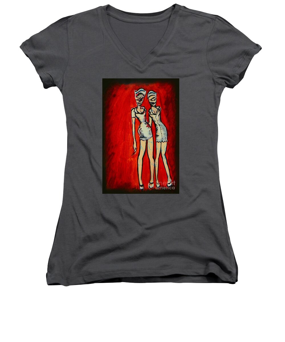 Art Women's V-Neck featuring the painting Silent Hill Nurses by Marisela Mungia