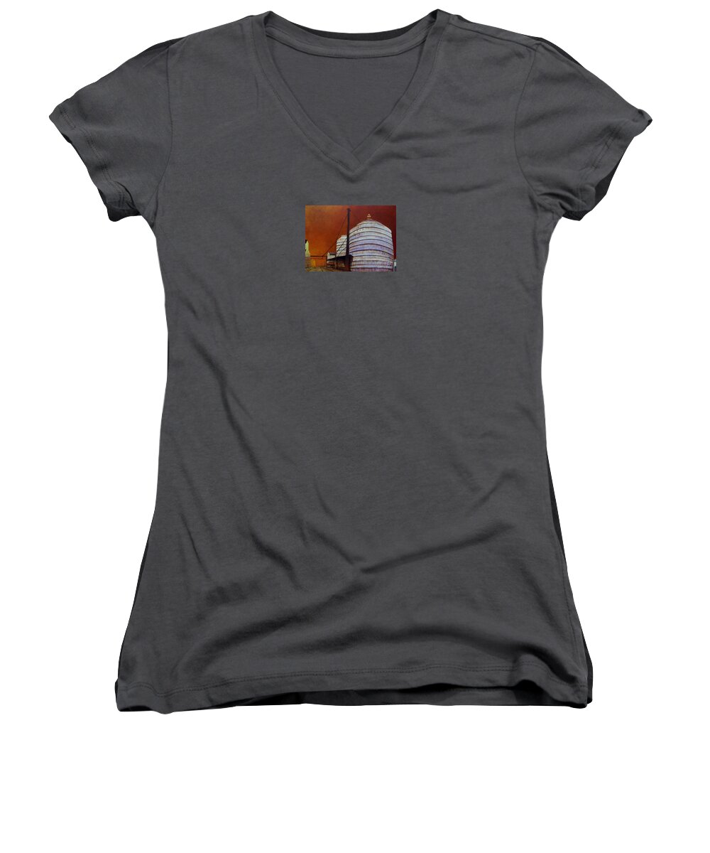 Silo Women's V-Neck featuring the painting Silos With Sienna Sky by Susan Williams