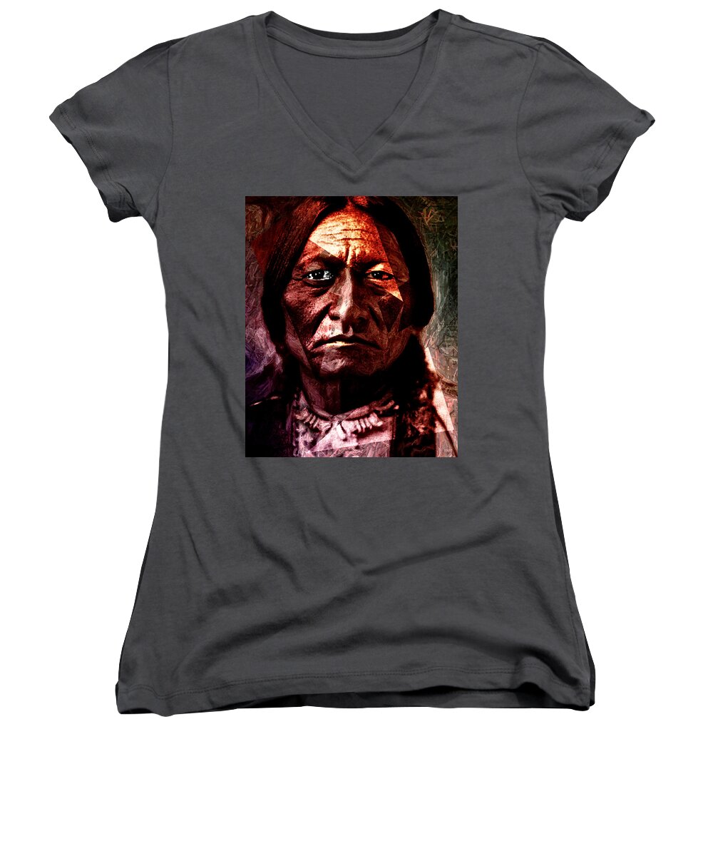 Sitting Bull Women's V-Neck featuring the painting Sitting Bull - Warrior - Medicine Man by Hartmut Jager