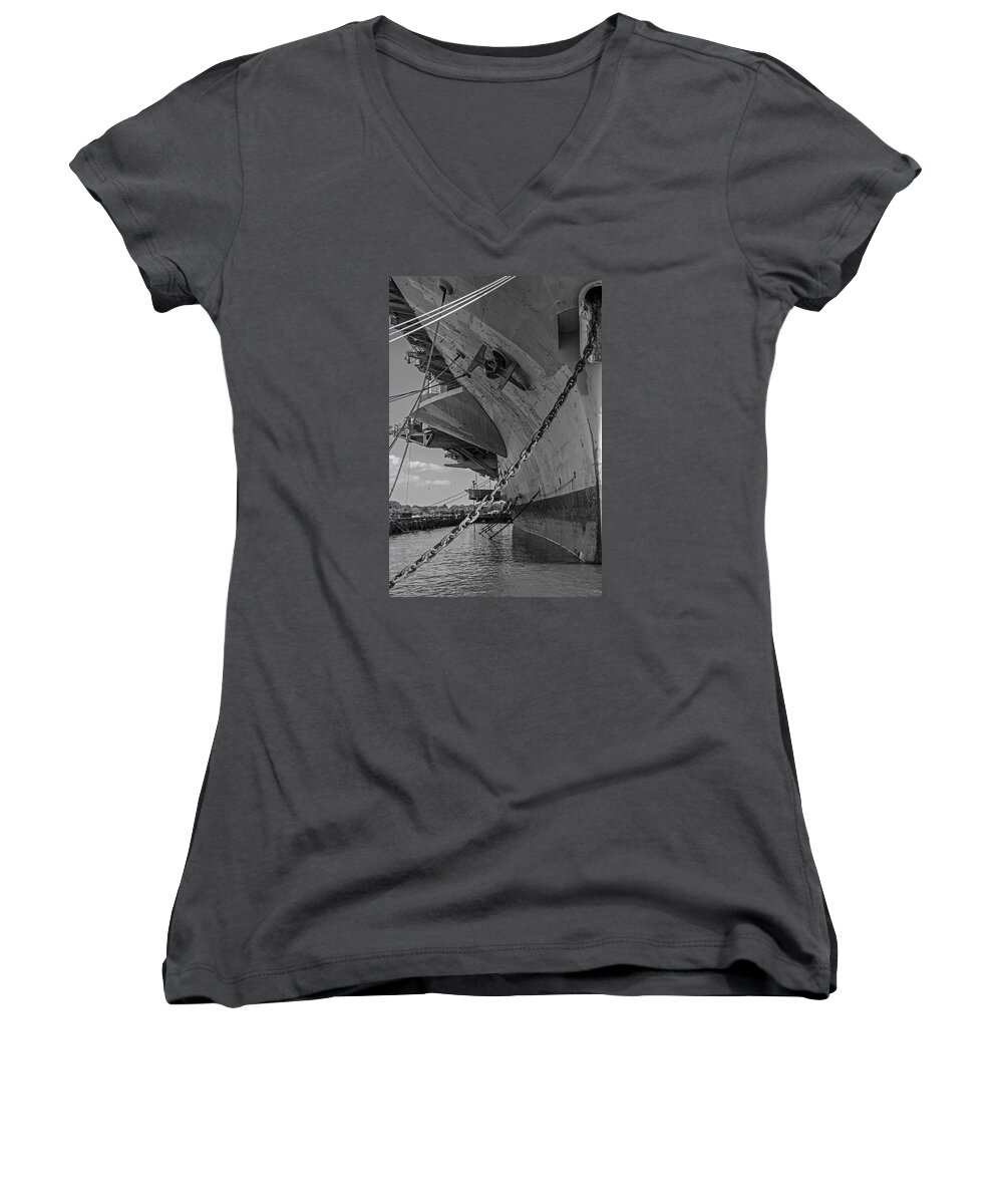 Uss John F. Kennedy Women's V-Neck featuring the photograph Sitting Silent by Susan McMenamin