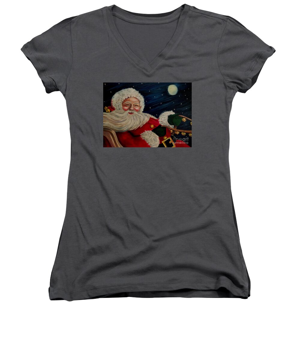 Santa Women's V-Neck featuring the painting Sleigh Bells Ring by Julie Brugh Riffey