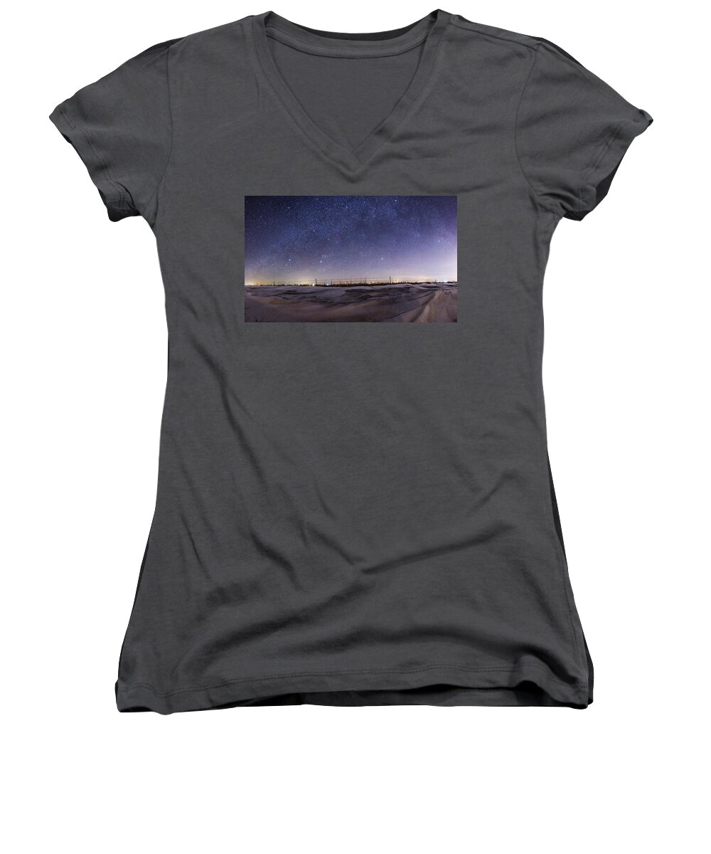 Milky Way Women's V-Neck featuring the photograph Snow and Stars by Aaron J Groen