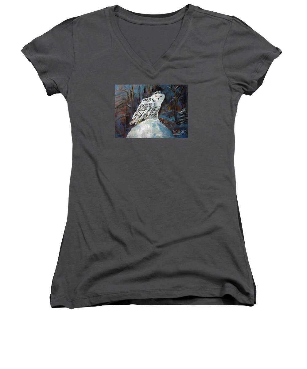 Snow Owl Women's V-Neck featuring the painting Snow Owl by Jieming Wang