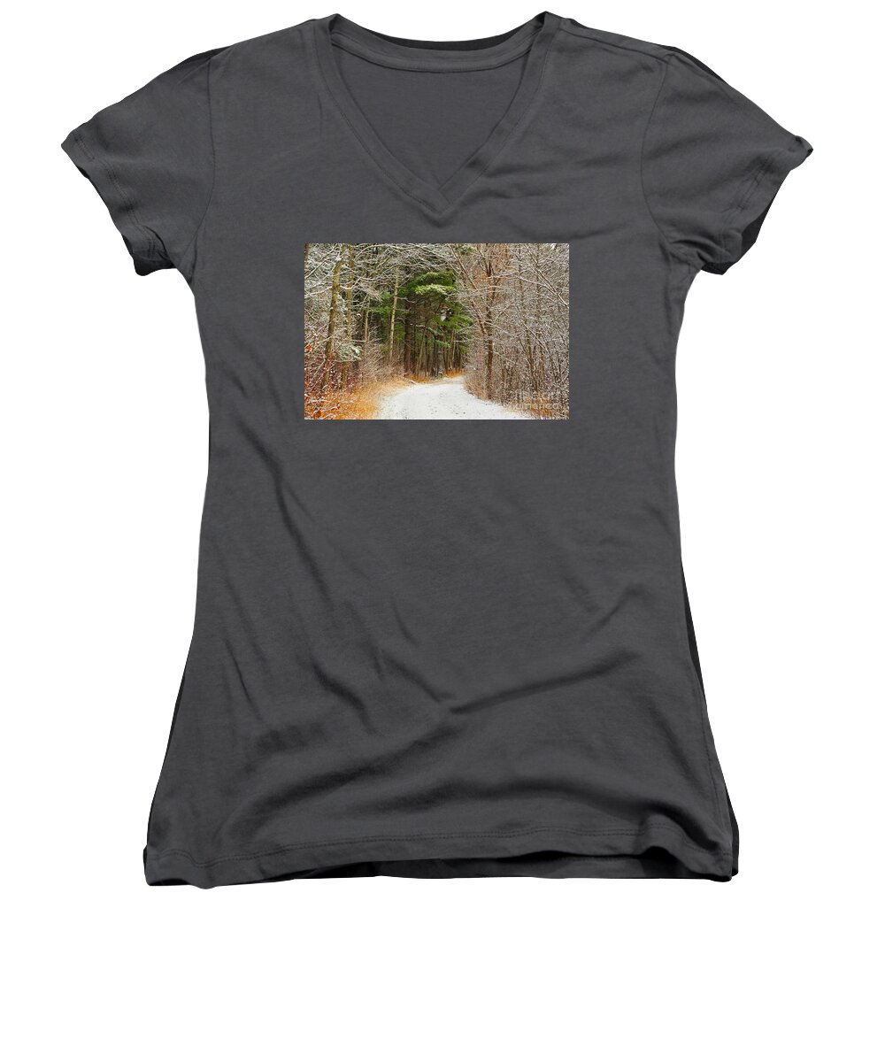 Snow Women's V-Neck featuring the photograph Snowy Tunnel of Trees by Terri Gostola