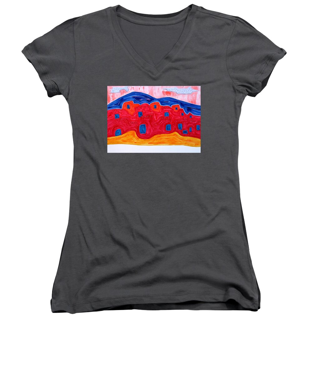 Painting Women's V-Neck featuring the painting Soft Pueblo original painting by Sol Luckman