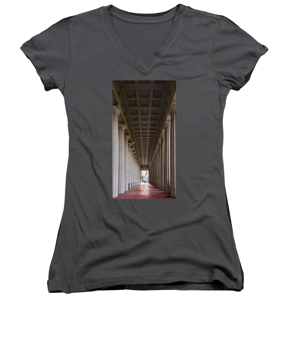 Soldier Women's V-Neck featuring the photograph Soldier Field Colonnade by Steve Gadomski