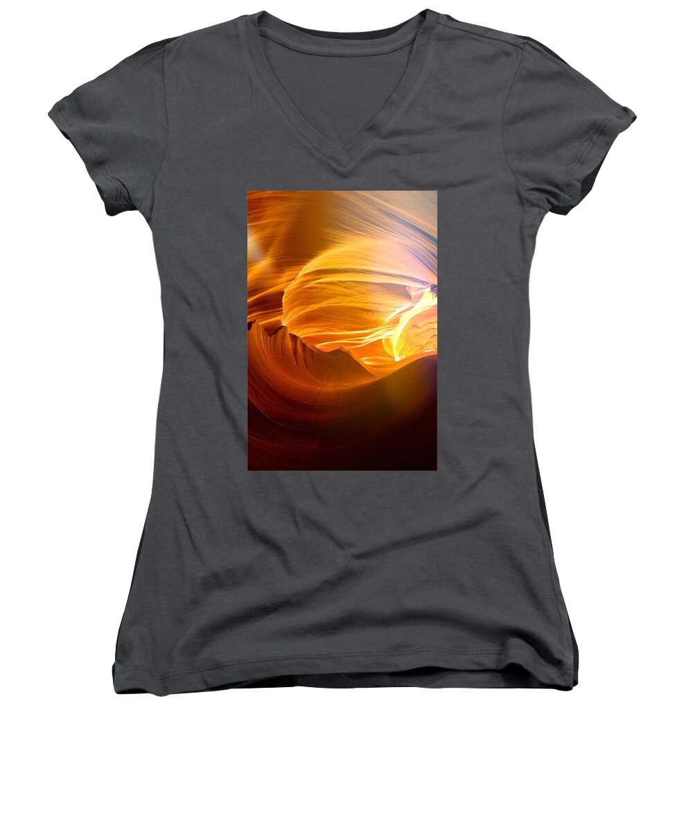 Antelope Canyon Women's V-Neck featuring the photograph Somewhere in America series - Gold Colors in Antelope Canyon by Lilia S