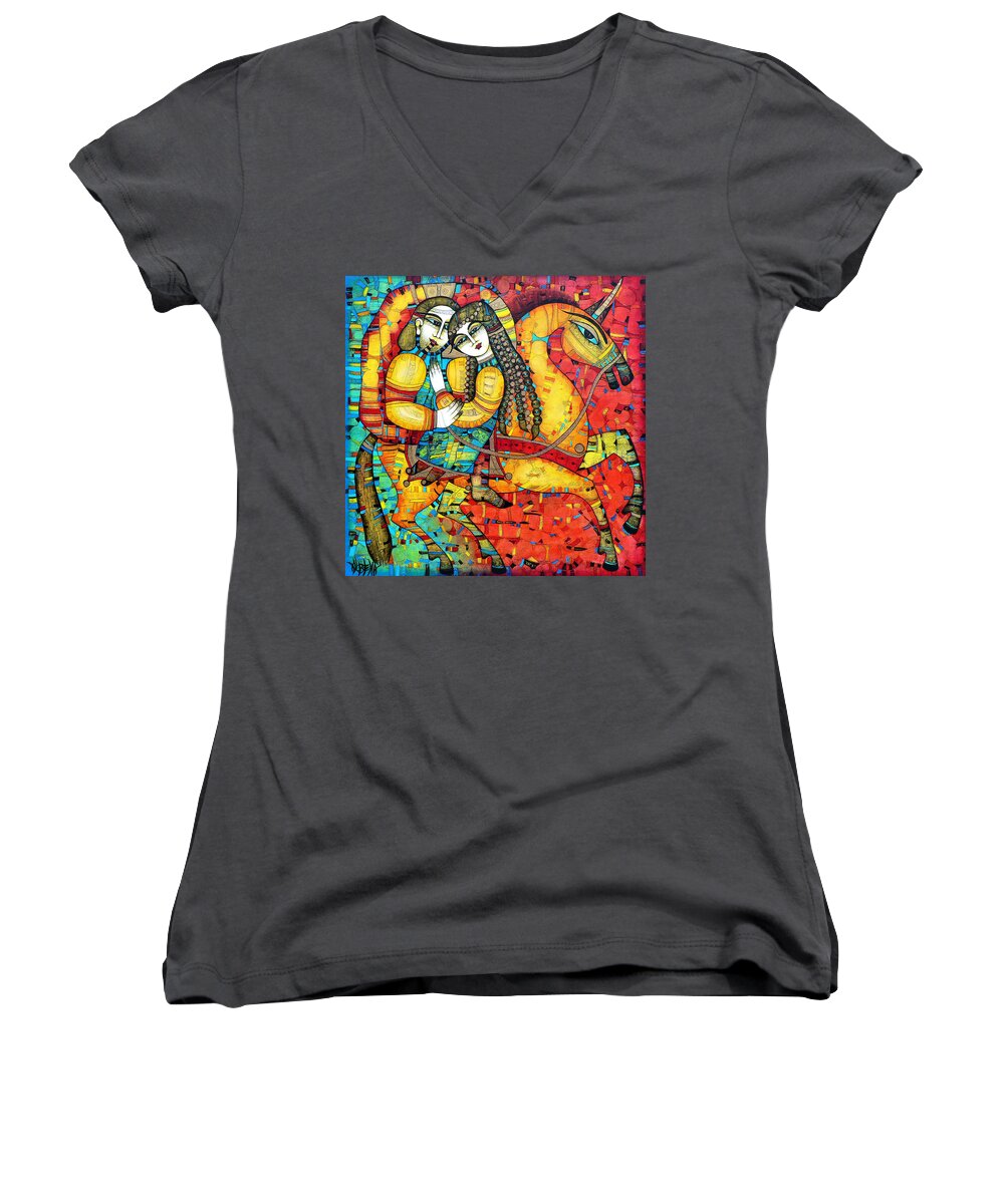 Albena Women's V-Neck featuring the painting SONATA for two and unicorn by Albena Vatcheva
