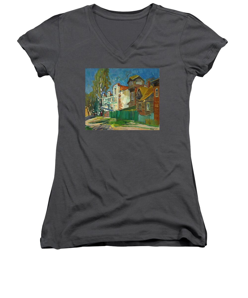 City​​ Women's V-Neck featuring the painting Spring in the province by Juliya Zhukova