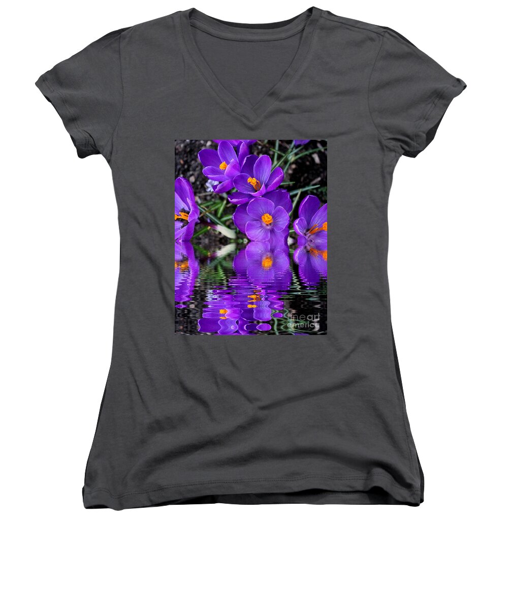 Crocus Women's V-Neck featuring the photograph Spring Reflection by Judy Palkimas