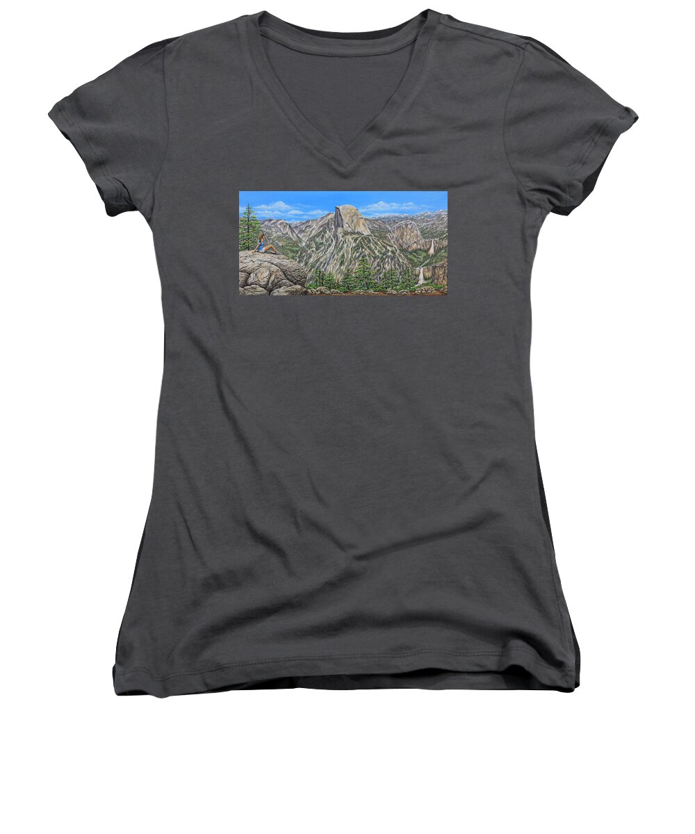 Yosemite Women's V-Neck featuring the painting Springtime In Yosemite Valley by Jane Girardot