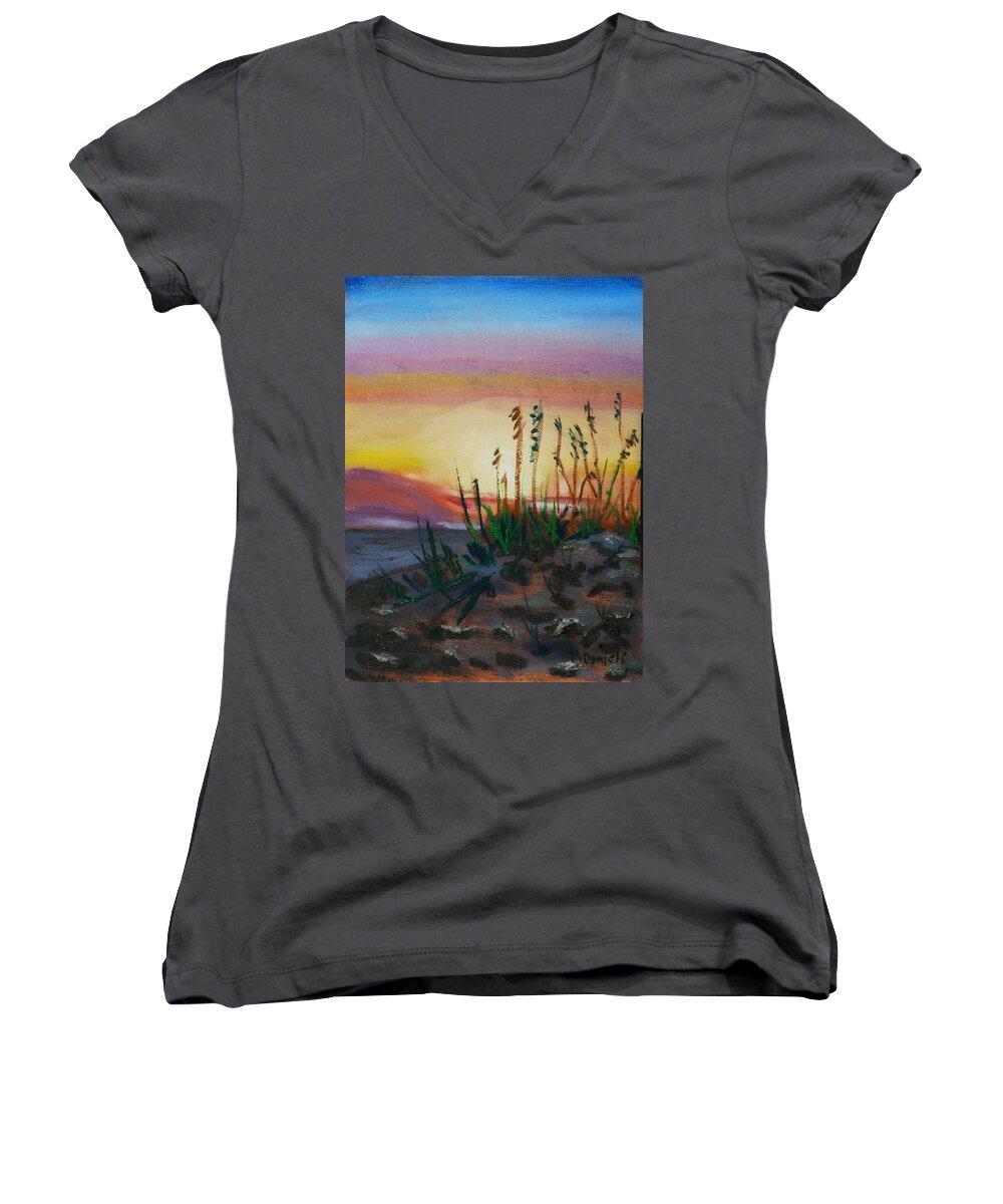 Beach Women's V-Neck featuring the painting Beach at Sunrise by Michael Daniels