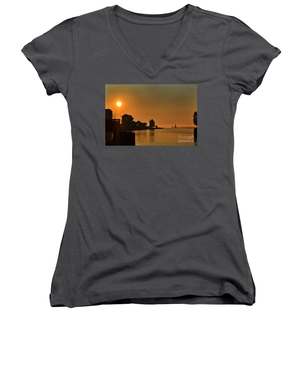 St Joseph Lighthouse Women's V-Neck featuring the photograph St Joseph Lighthouse Sunset by Amy Lucid