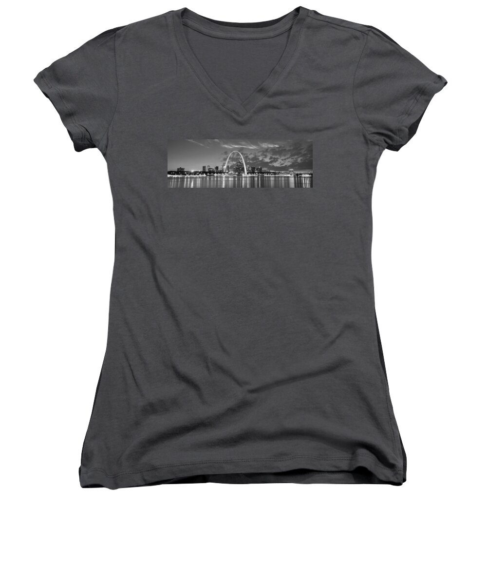 St. Louis Skyline Women's V-Neck featuring the photograph St. Louis Skyline at Dusk Gateway Arch Black and White BW Panorama Missouri by Jon Holiday