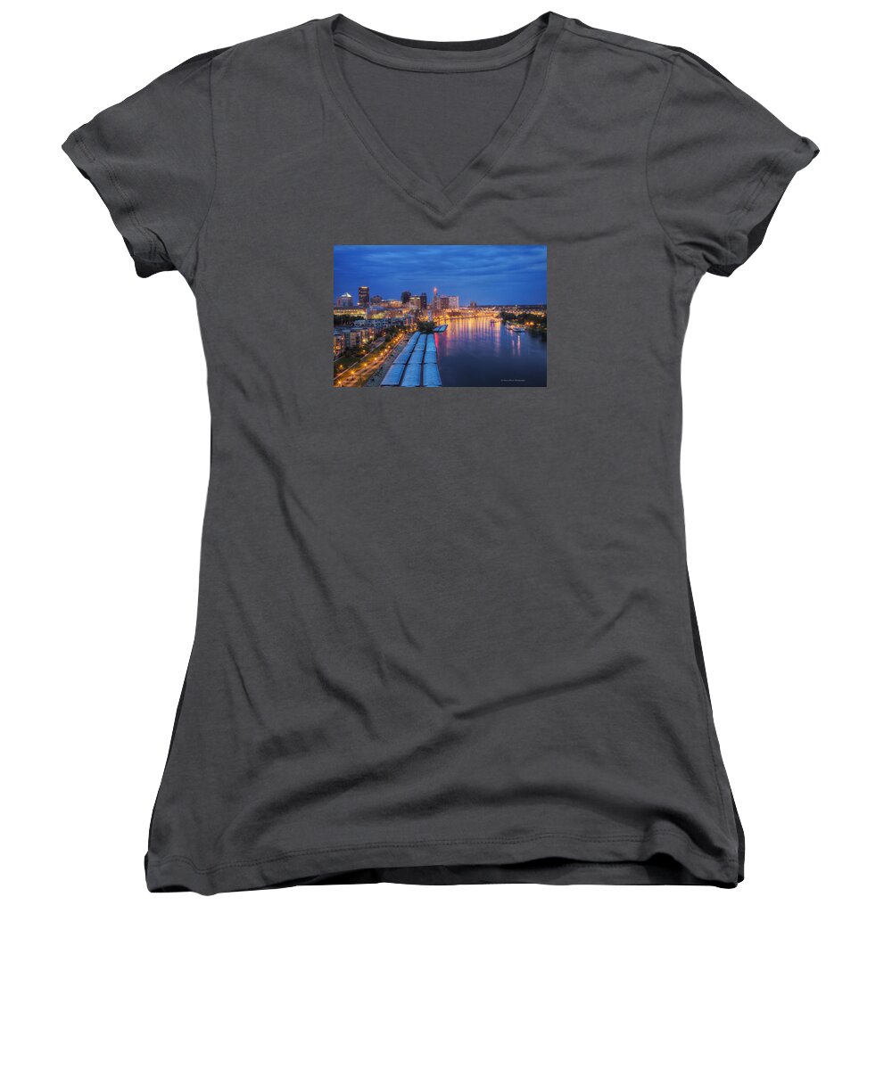 Architecture Women's V-Neck featuring the photograph St Paul Skyline at Night by Wayne Moran