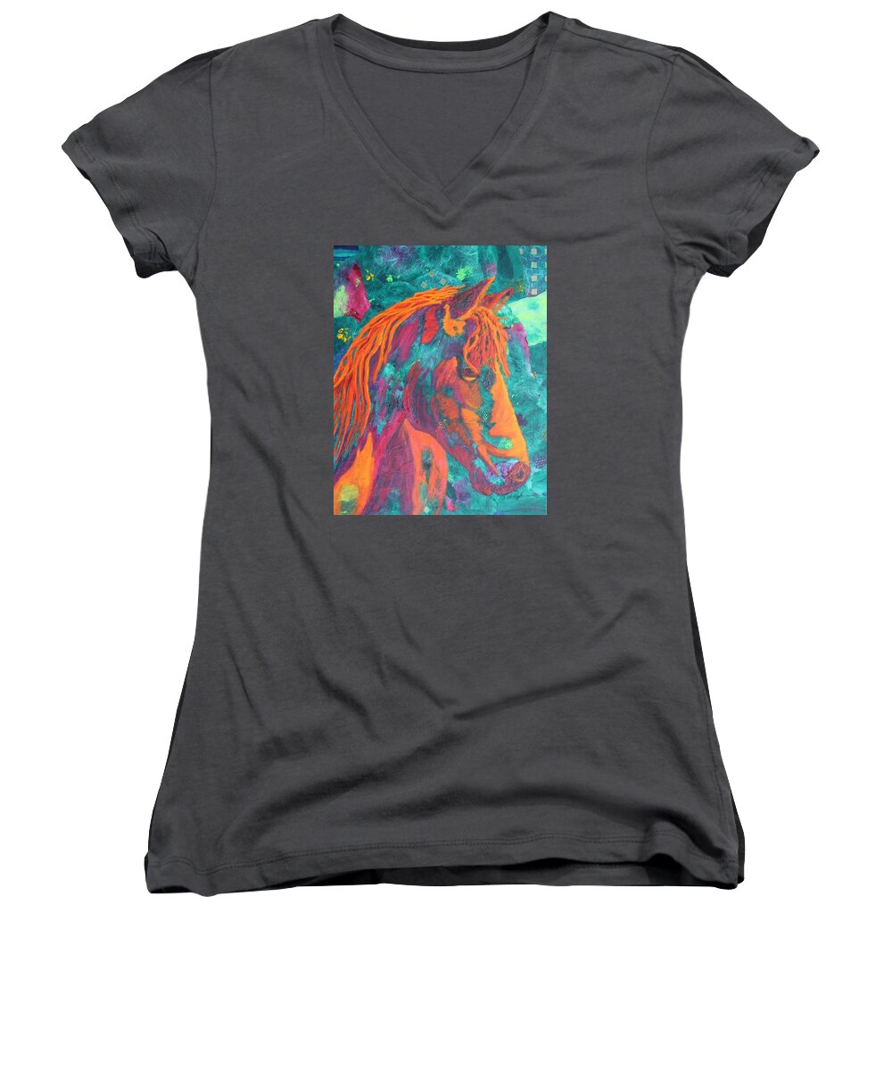 Horse Women's V-Neck featuring the painting Stable Master by Nancy Jolley
