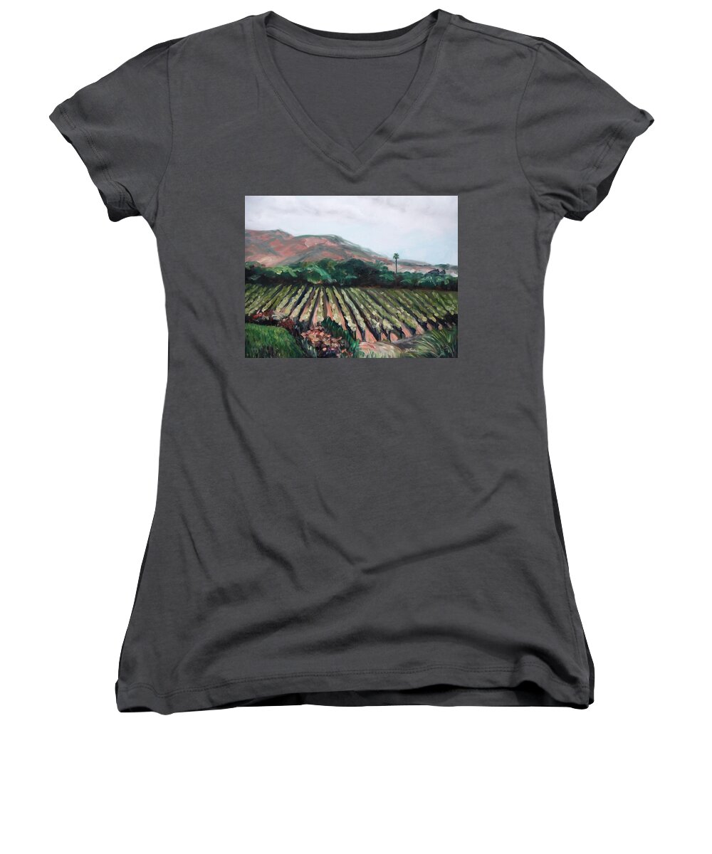 Vineyard Women's V-Neck featuring the painting Stag's Leap Vineyard by Donna Tuten
