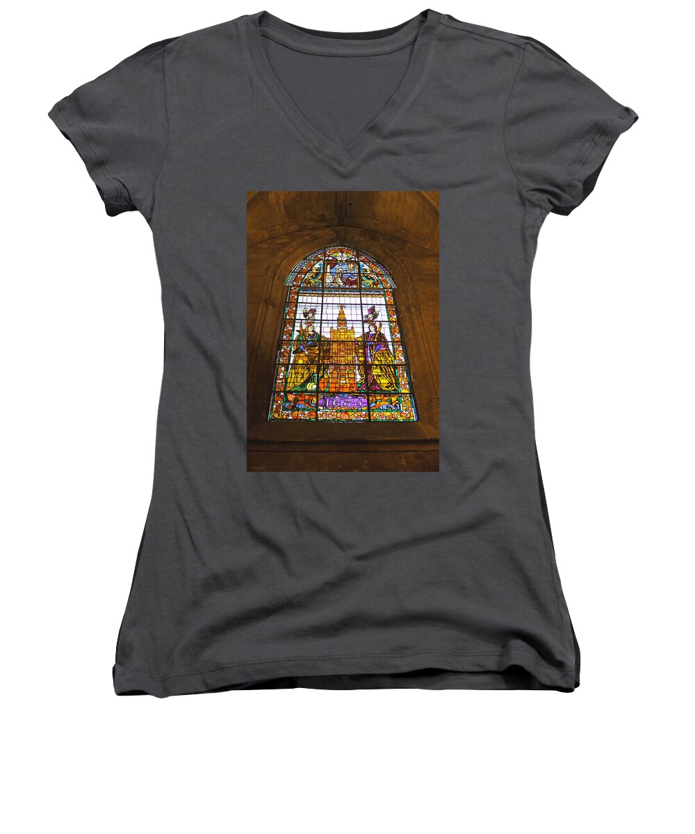 Stained Glass Window Women's V-Neck featuring the photograph Stained Glass Window in Seville Cathedral by Tony Murtagh