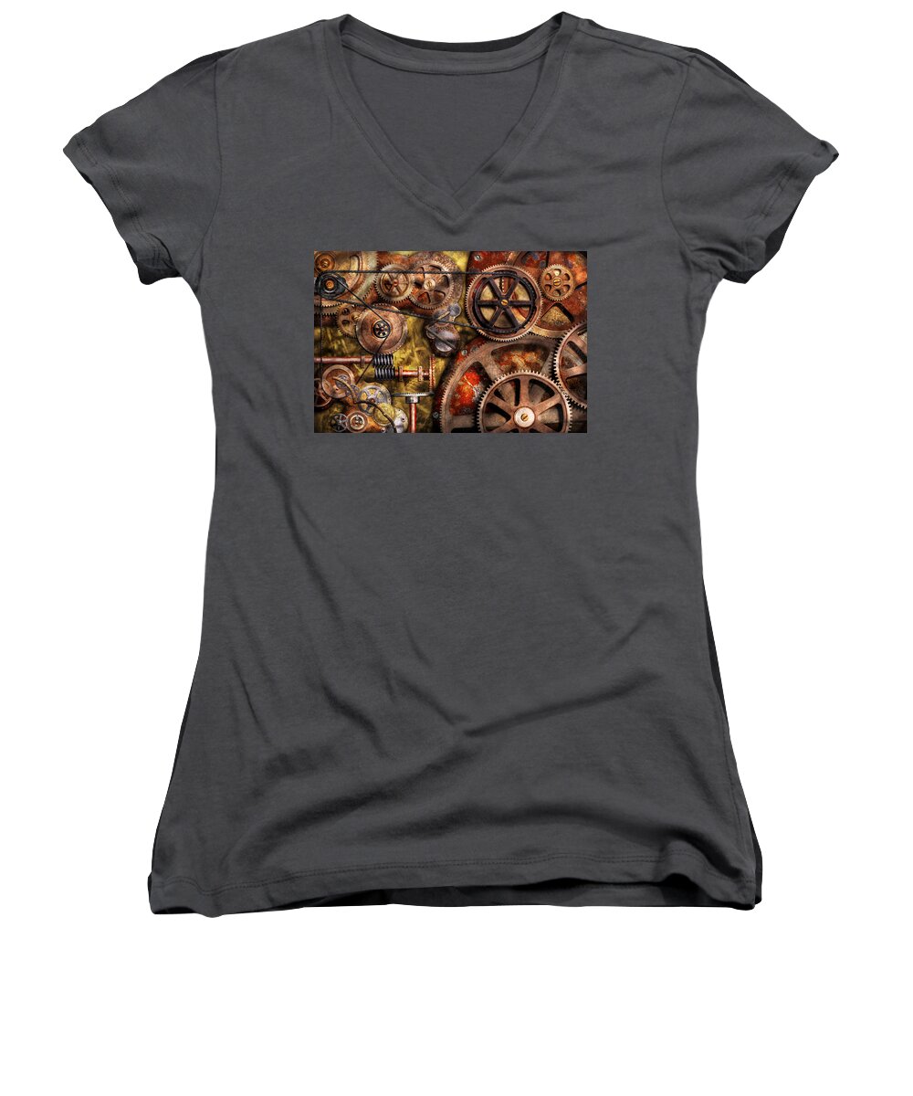 Steampunk Women's V-Neck featuring the photograph Steampunk - Gears - Inner Workings by Mike Savad