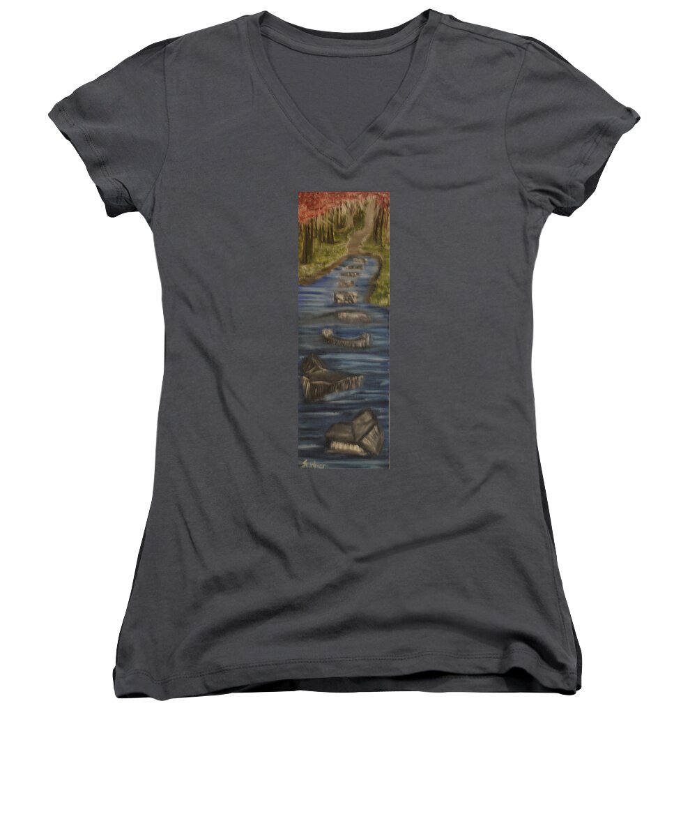 Rocks And Flowerspink Flowers Women's V-Neck featuring the painting Steps of Faith by Suzanne Surber