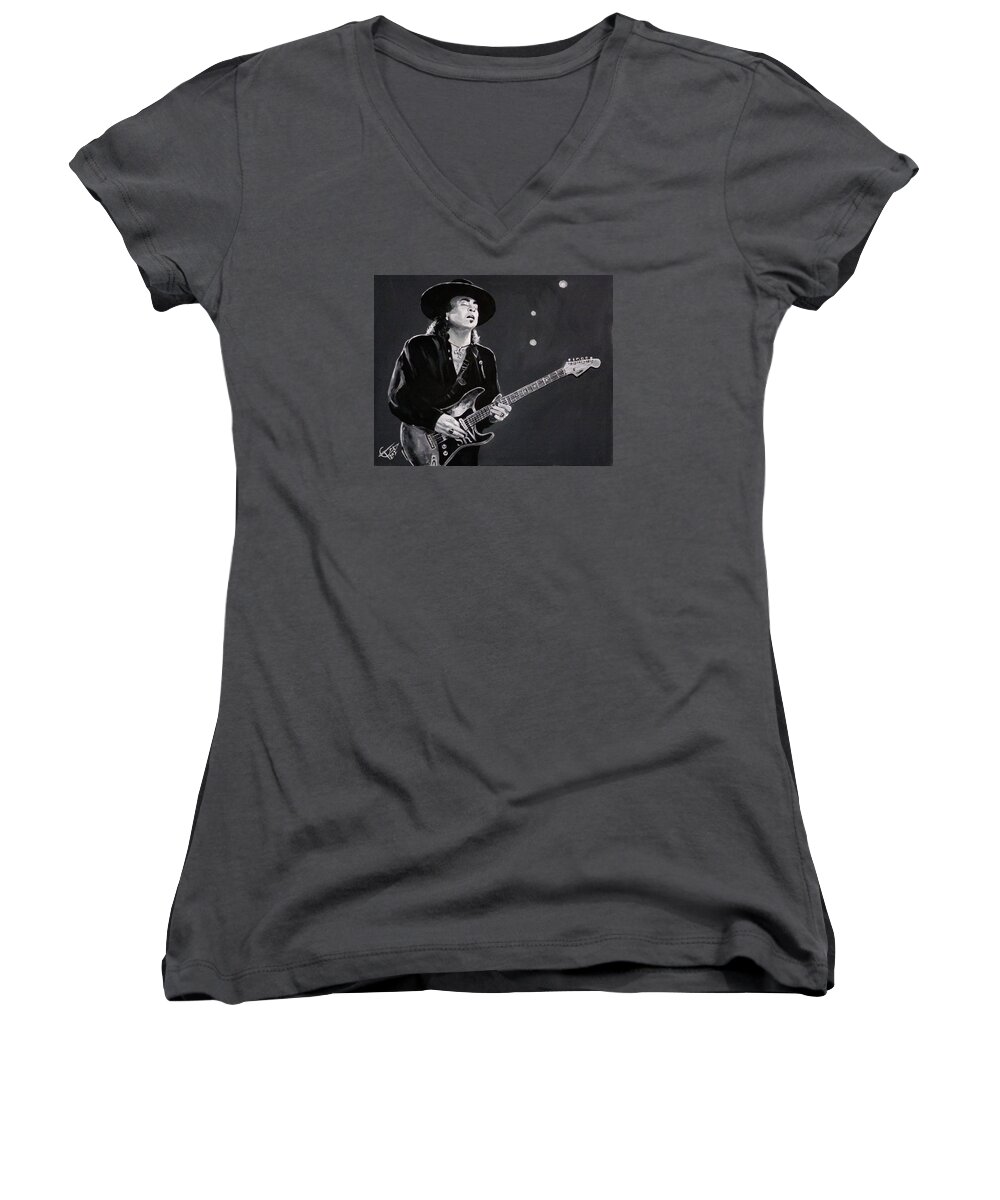 Stevie Ray Vaughan Women's V-Neck featuring the painting Stevie Ray Vaughan by Tom Carlton