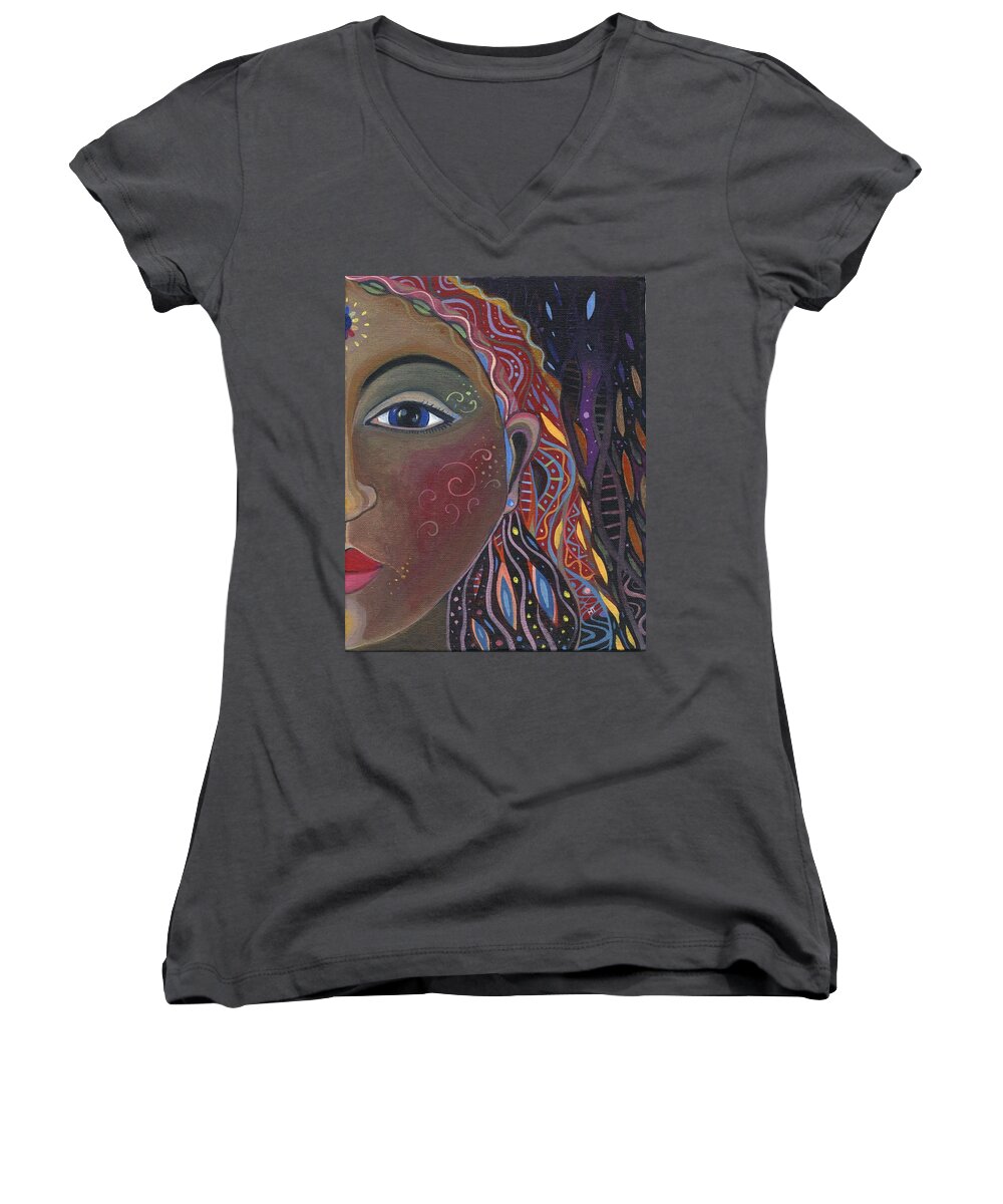 Woman Women's V-Neck featuring the painting Still A Mystery by Helena Tiainen