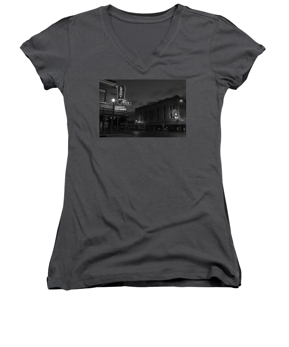 Fort Worth Stockyards Women's V-Neck featuring the photograph Stockyards Main and Exchange BW by Jonathan Davison